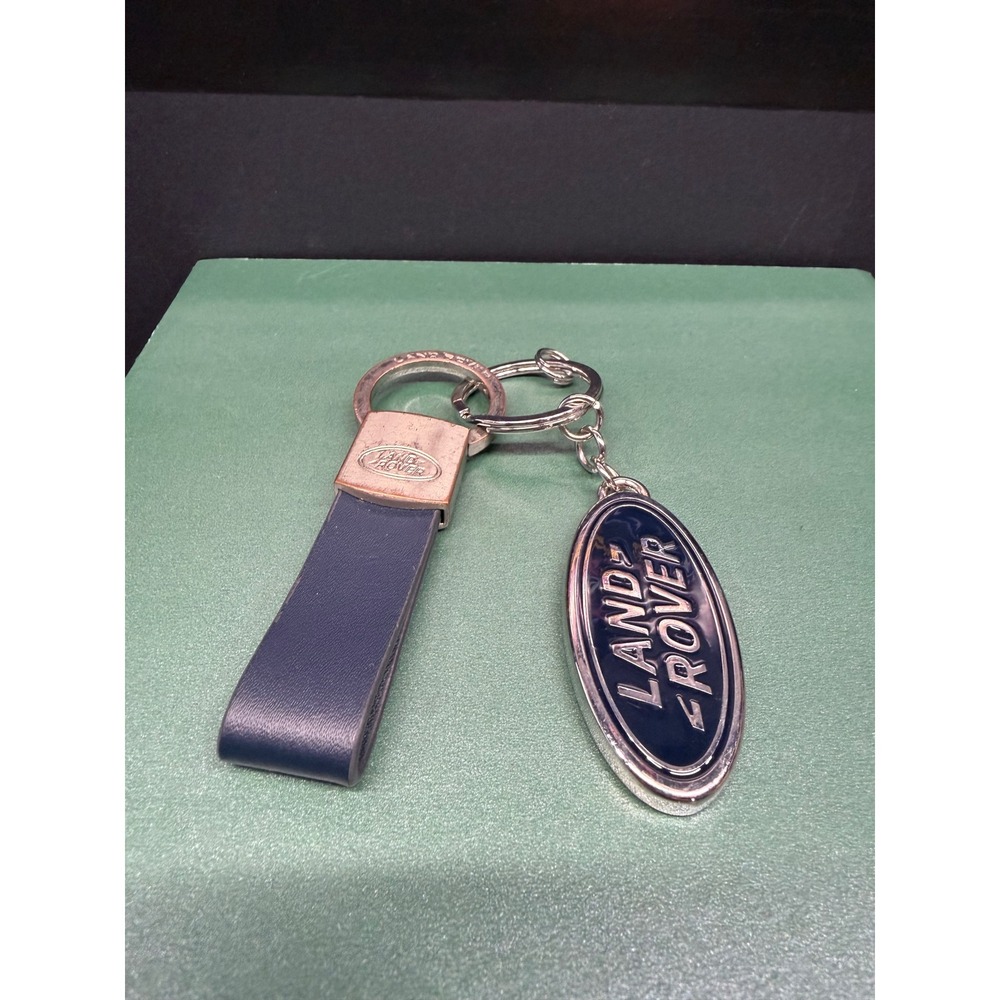 Land Rover Navy Blue Leather Loop and Oval Enamel Logo Keychain Silver Hardware